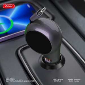 شارژر فندکی 60وات فست شارژ خودرو دارای کابل قرقره ای تایپ سی ایکس او XO-CC65