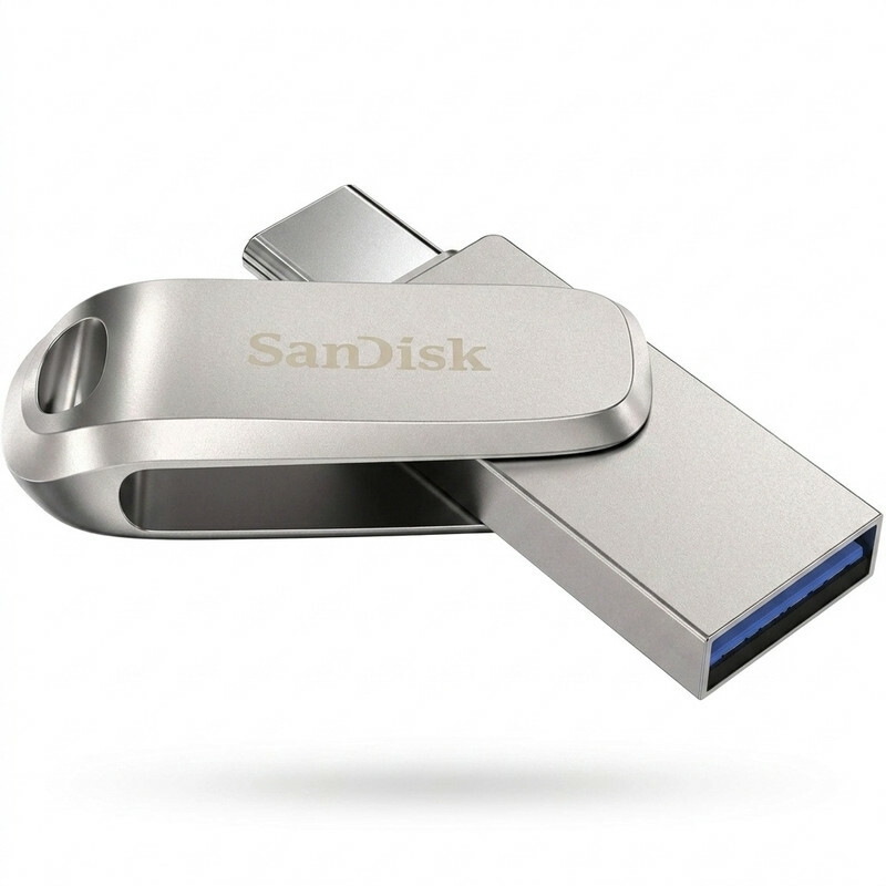 فلش مموری سن دیسک Ultra Dual Drive Luxe ظرفیت 256 گیگابایت با طراحی چرخشی، دو رابط USB Type-C و USB Type-A، استاندارد USB 3.2 Gen1، بدنه فلزی و سازگار با تبلت، گوشی، کامپیوتر و مک