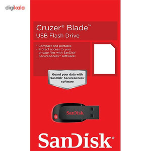 فلش مموری 64 گیگابایت سن دیسک مدل Cruzer Blade CZ50 با رابط USB 2.0، بدنه مات مقاوم در برابر اثر انگشت، قابلیت رمزگذاری نرم‌افزاری و شیار اتصال بند