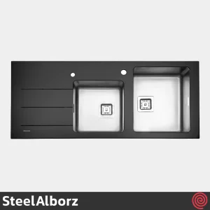 سینک ظرفشویی استیل البرز مدل SteelAlborz Crystal | رنگ مشکی، دو لگنه کریستال توکار