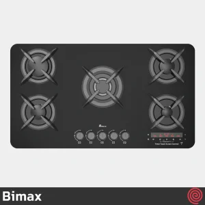 اجاق گاز صفحه ای 5 شعله بیمکث مدل Bimax 2102RFT | بدنه شیشه ای، دارای کنترل رادیویی