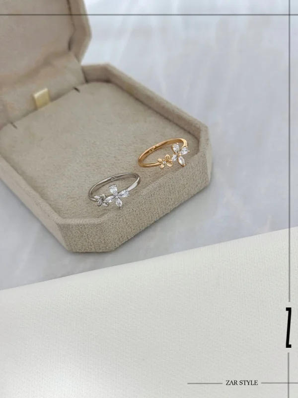 انگشتر دو گل آینه‌ای و نگینی