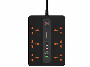 چند راهی برق 6 سوکت 3000 وات، 2 یو اس بی 24 وات و 4 تایپ سی 36 وات 3 متری پورودو Porodo 6AC 2USB-A &amp; 4USB-C PD Multi-Port UK PD-FWCH009-3M-BK