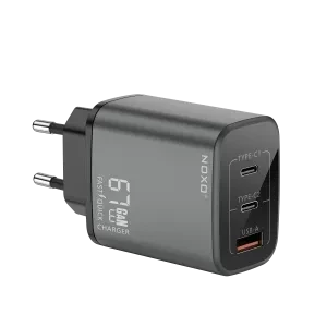 شارژر دیواری 67 وات نوکسو مدل CHN-P-2 با 3 پورت USB-C و USB-A، پشتیبانی از PD و QC3.0 (EU Pin) و فناوری GaN