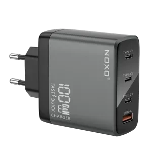 شارژر دیواری 100 وات نوکسو مدل CHN-P-3 با 4 پورت USB-C و USB-A، پشتیبانی از PD و QC3.0 (EU Pin) و فناوری GaN
