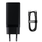 شارژر دیواری فست شارژ دو پورت تایپ‌سی و یک پورت یو‌اس‌بی + کابل شارژ بیسوس BASEUS GaN3 Pro Fast Charger 2C+U 65W w/USB-C to USB-C cable (CCGP050101)