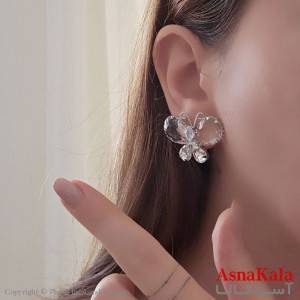 گوشواره مجلسی جواهری مدل پروانه نگین دار استیل نقره ای کد GSH15510W