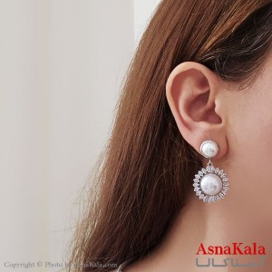 گوشواره آویز مجلسی جواهری مرواریدی شیک استیل نقره ای کد GSH15534W