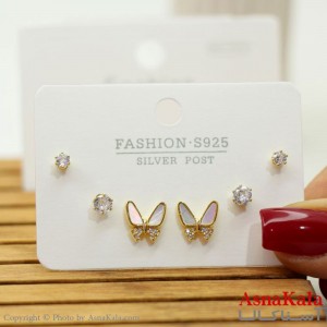 گوشواره زنانه استیل 316  پک 3 جفتی پروانه میخ نقره ای کد GSH15564W
