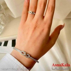 نیم ست زنانه پینترستی  شامل دستبند و انگشتر استیل مدل دو بیضی فول نگین نقره ای کد NIM14888W