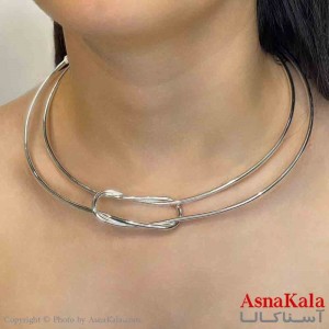 گردنبند طوق  دخترانه پینترستی استیل مدل دولاین وسط بیضی رنگ نقره ای  کد GNB161686W