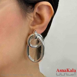 گوشواره دخترانه مینیمال طرح حلقه و بیضی رنگ نقره ای کد GSH151844W