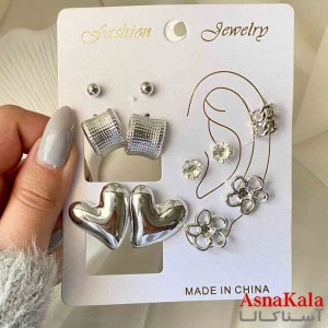 گوشواره زنانه استیل پک 6 جفتی مدل قلبی  فانتزی رنگ نقره ای  کد GSH151906W