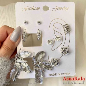 گوشواره زنانه استیل پک 6 جفتی مدل گل و تک نگین فانتزی رنگ نقره ای  کد GSH151908W