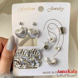 گوشواره زنانه استیل پک 6 جفتی مدل قلب ومستطیل فانتزی رنگ نقره ای  کد GSH151909W
