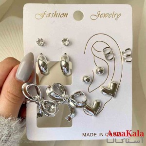 گوشواره زنانه استیل پک 6 جفتی مدل مروارید و گل فانتزی رنگ نقره ای  کد GSH151912W