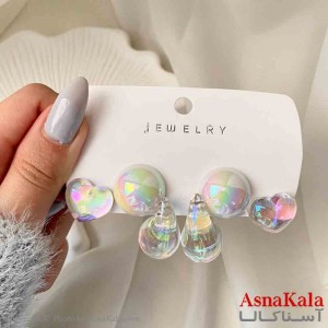 گوشواره زنانه استیل پک 3 جفتی مدل قلب و اشک فانتزی رنگ هلوگرامی  کد GSH151914W