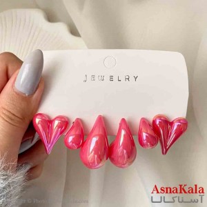 گوشواره زنانه استیل پک 3 جفتی مدل قلب و اشک فانتزی رنگ صورتی کد GSH151920W