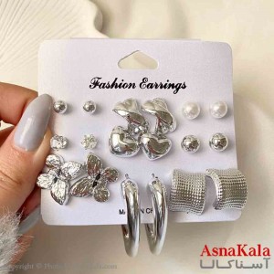 گوشواره زنانه استیل پک 9 جفتی مدل گل و مروارید فانتزی رنگ نقره ای کد GSH151927W