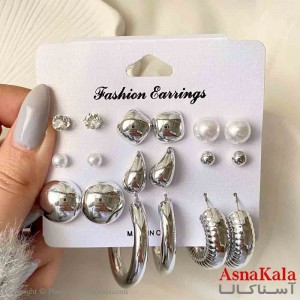 گوشواره زنانه استیل پک 9 جفتی مدل دایره و اشک  فانتزی رنگ نقره ای کد GSH151930W