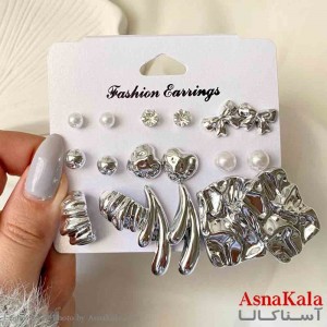 گوشواره زنانه استیل پک 9 جفتی مدل پاپیون و اشکال  فانتزی رنگ نقره ای کد GSH151931W