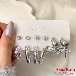 گوشواره زنانه استیل پک 6 جفتی مدل اشک و مروارید  فانتزی رنگ نقره ای کد GSH151934W