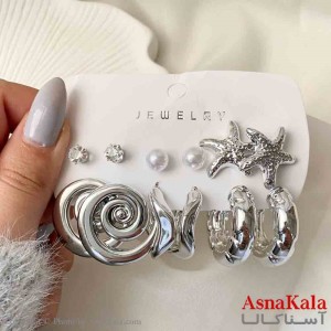 گوشواره پک 6 جفتی مدل ستاره دریایی و مروارید  فانتزی رنگ نقره ای کد GSH151935W