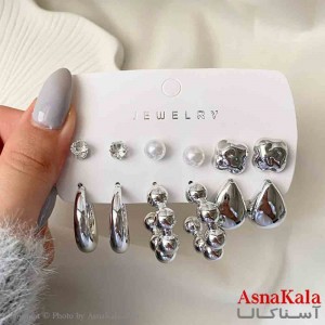 گوشواره زنانه استیل پک 6 جفتی مدل گوی و مروارید  فانتزی رنگ نقره ای کد GSH151937W