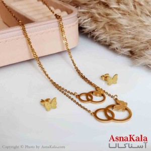نیمست استیل دخترانه شنی  طرح دو لاین دو حلقه و پروانه رنگ طلایی کد NIM14287W