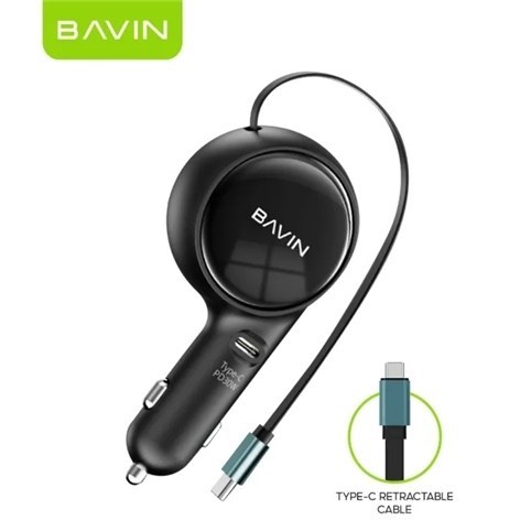 شارژر فندکی فست شارژ باوین BAVIN PC2022 Universal توان 60 وات همراه با کابل متصل جمع‌شونده