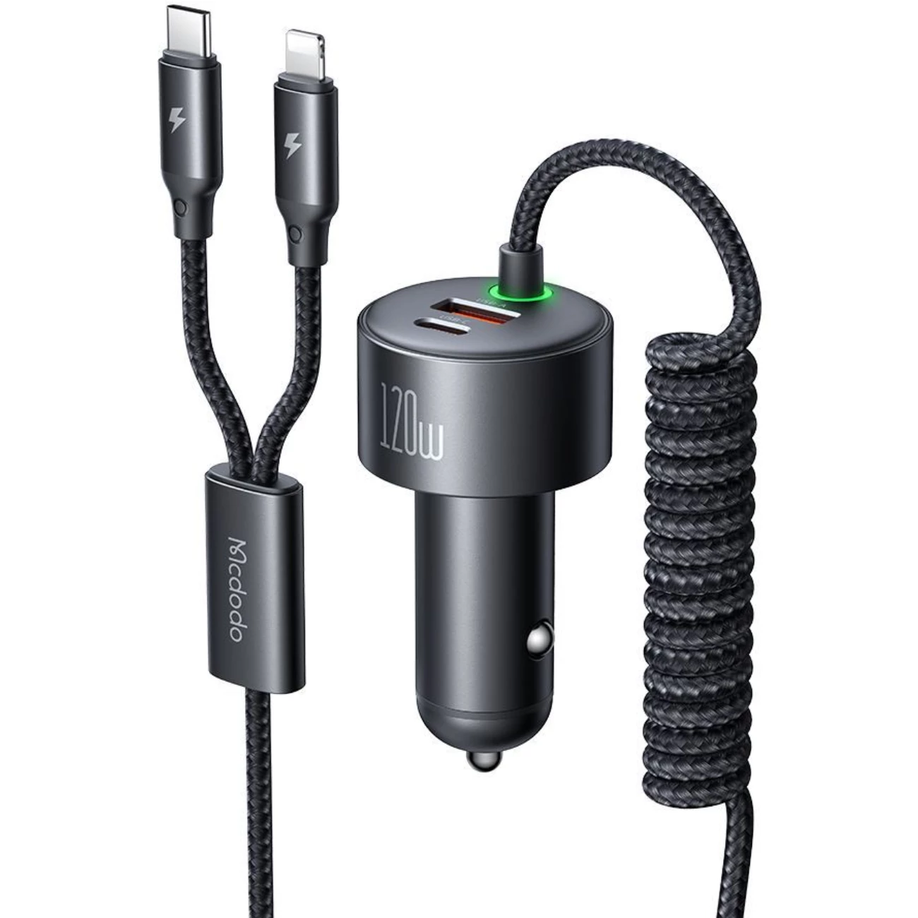 شارژر فندکی فست شارژ ماشین تایپ سی، لایتنینگ و یو اس بی 120 وات مک دودو CC-037