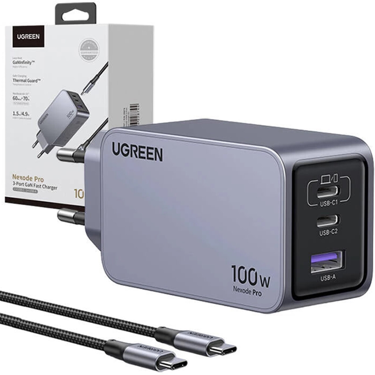 شارژر دیواری USB و تایپ‌سی 100 وات یوگرین UGREEN X757 25874 با کابل تایپ‌سی به تایپ‌سی