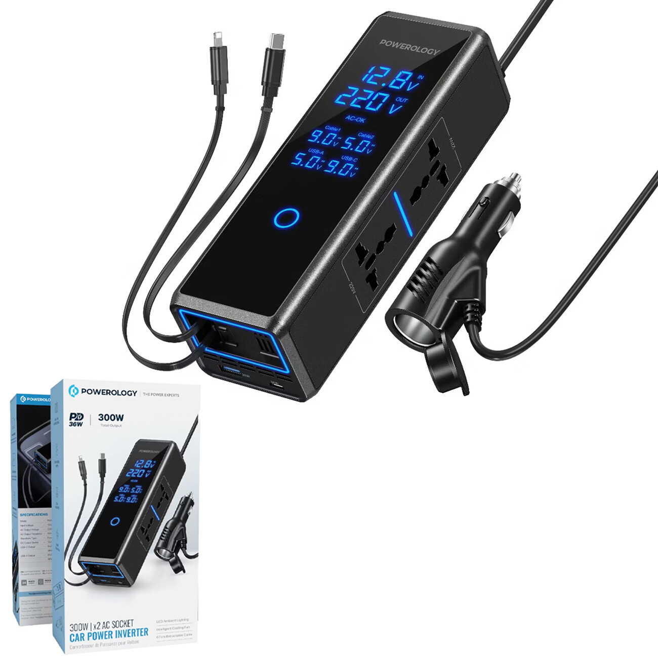 اینورتر فندکی 300 وات پاورولوژی Powerology مدل PWCUQC044 با کابل