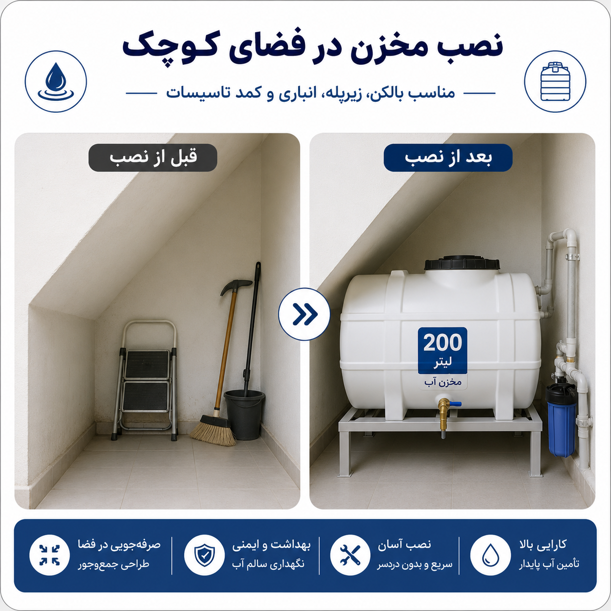 نصب مخزن آب 200 لیتری در بالکن و فضای کوچک