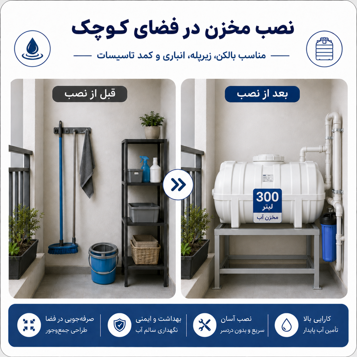 نصب مخزن آب 300 لیتری در بالکن و فضای کوچک