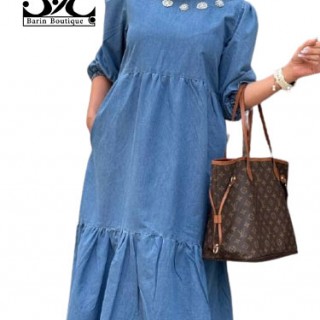 پیراهن زنانه جین یقه مرواریدی