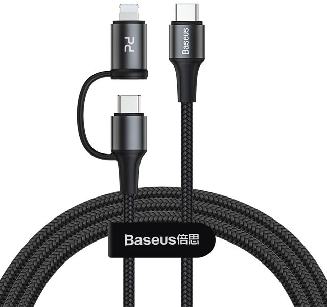 کابل فست شارژ دو سر تایپ سی به تایپ سی و لایتنینگ بیسوس Baseus Twin 2in1 Quick Charging cable CATLYW-H01 به طول 1 متر و توان 60 وات