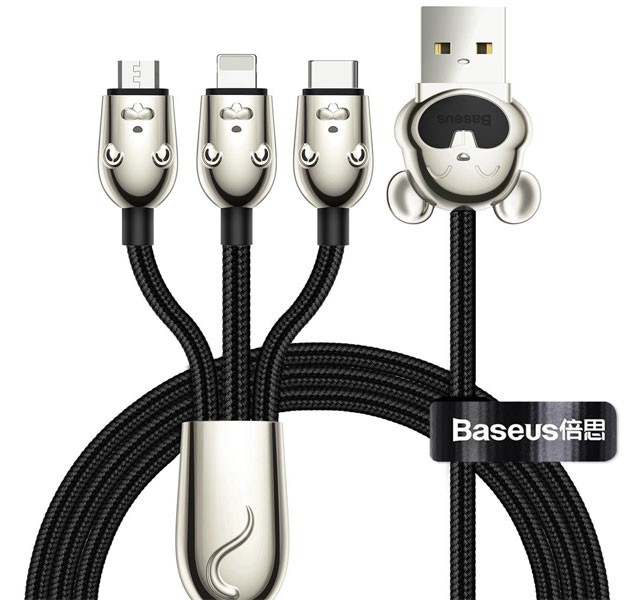 کابل فست شارژ یو اس بی به میکرو، لایتنینگ و تایپ سی بیسوس Baseus Three Mouse 3-in-1 Cable USB For M+L+T 3.5A CAMLT-MU01 به طول 1.2 متر