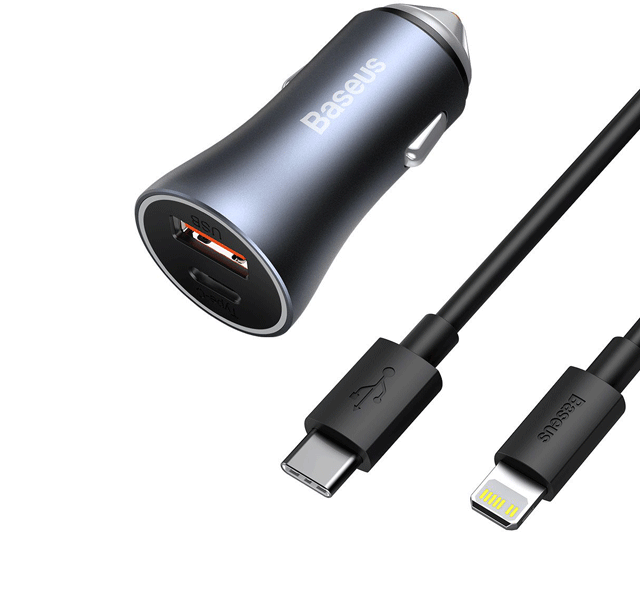 شارژر فندکی شارژر سریع بیسوس TZCCJD-B0G با کابل تایپ سی Baseus Golden Contactor Pro Dual Quick Charger Car Charger U+C 40W(With Baseus Simple Wisdom Data Cable Type-C to iP 1m)