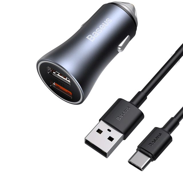 شارژر فندکی شارژ سریع  TZCCJD-A0G بیسوس Baseus Golden Contactor Pro Dual Quick Charger Car Charger U+U 40W（With Baseus Simple wiring USB For Type-C 5A 1.0m）