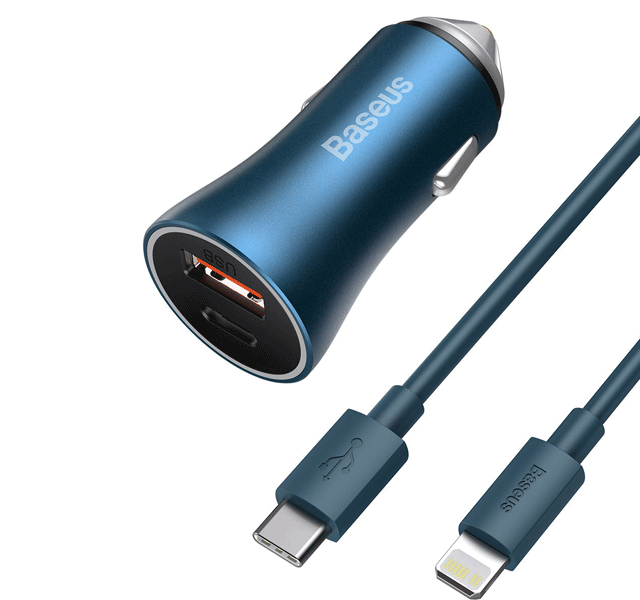 شارژ فندکی سریع TZCCJD-03 بیسوس Baseus Golden Contactor Pro Dual Quick Charger Car Charger U+C 40W(With Baseus Simple Wisdom Data Cable Type-C to iP 1m)