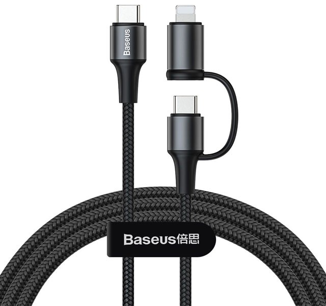 کابل فست شارژ دو سر تایپ سی به تایپ سی و لایتنینگ بیسوس Baseus Twin 2in1 Quick Charging cable CATLYW-01 به طول 1 متر و توان 60 وات
