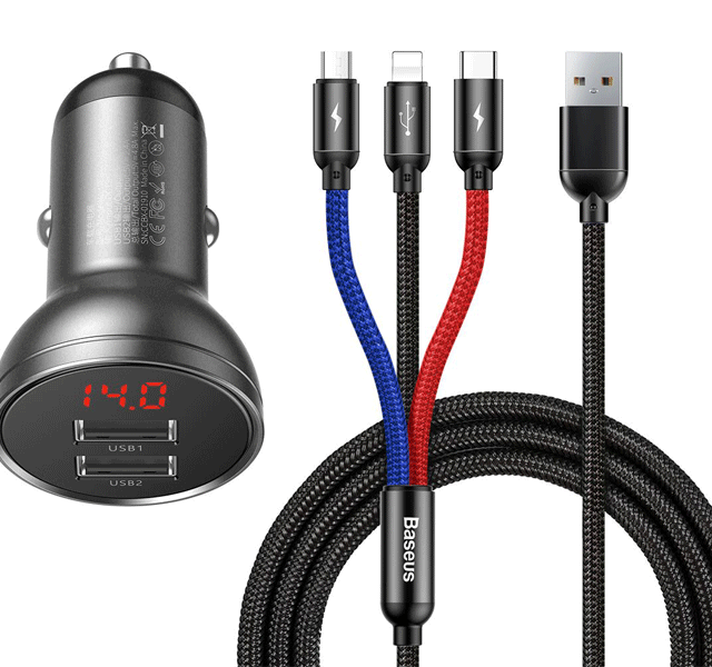 شارژر فندکی دو پورت و کابل سه سر بیسوس Baseus Digital Display Dual USB 4.8A Car Charger 24W with Three Primary Colors 3-in-1 Cable USB 1.2M  TZCCBX-0G