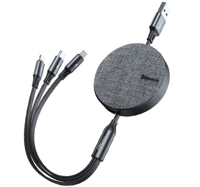 کابل سه سر جمع شونده یو اس بی به میکرو،لایتنینگ و تایپ سی بیسوس Baseus Fabric 3-in-1 Flexible Cable CAMLT-BYG1 به توان 3.5 آمپر و طول 1.2 متر
