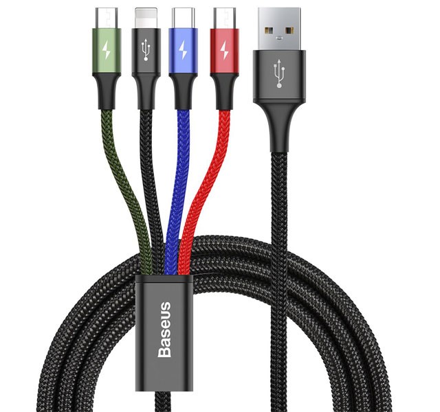 کابل شارژ سریع چهار منظوره میکرو (2) ، لایتنینگ و تایپ سی بیسوس Baseus Fast 4-in-1 Cable CA1T4-C01 به طول 1.2 متر و توان 3.5 آمپر
