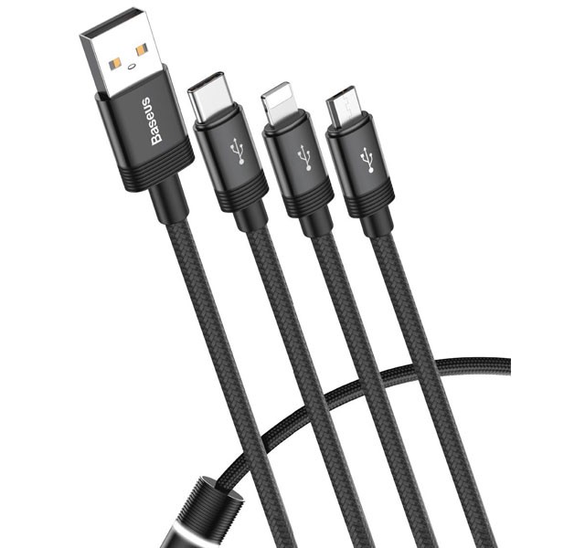 کابل فست شارژ سه کاره USB به Type C و Lightning و Micro بیسوس Baseus Data Faction CAMLT-PY01 با توان 3.5 آمپر و طول 1.2 متر