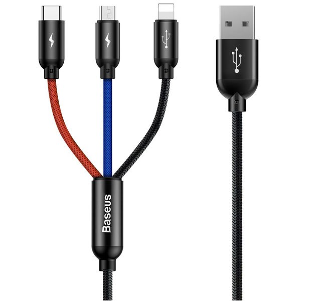 کابل فست شارژ سه کاره USB به Type C و Lightning و Micro بیسوس Baseus Three Primary Colors Cable CAMLT-BSY01 با توان 3.5 آمپر و طول 1.2 متر