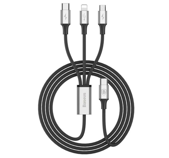 کابل فست شارژ سه سر بیسوس Type-C به Micro+Lightning+Type-C بیسوس Baseus Rapid Series Cable CAMLT-SC01 به طول 1.2 متر و توان 3 آمپر