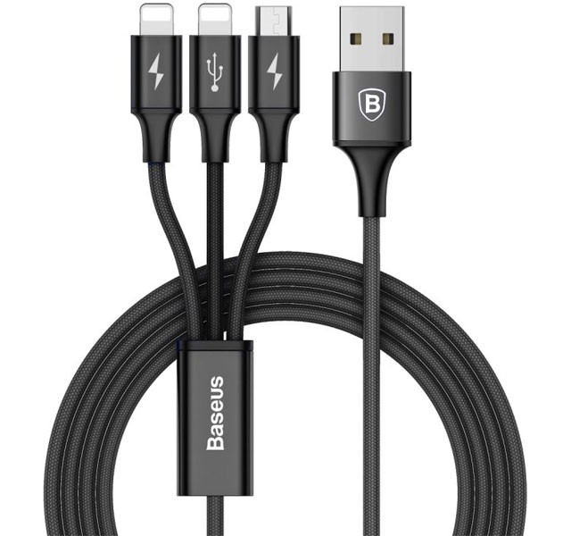 کابل فست شارژ سه کاره USB به Lightning(2)+Micro بیسوس Baseus Rapid Series CAMLL-SU01 به توان 3 آمپر و طول 1.2 متر
