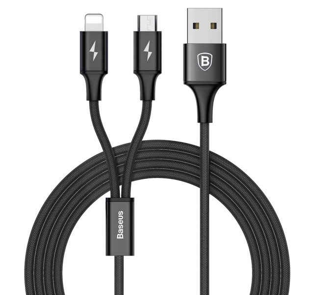 کابل فست شارژ دو کاره USB به Lightning+Micro بیسوس Baseus Rapid Series CAML-SU01 به توان 3 آمپر و طول 1.2 متر